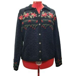 Talbots Floral Embroidered Cardigan Sweater, size L, Black w Red flowers, button
